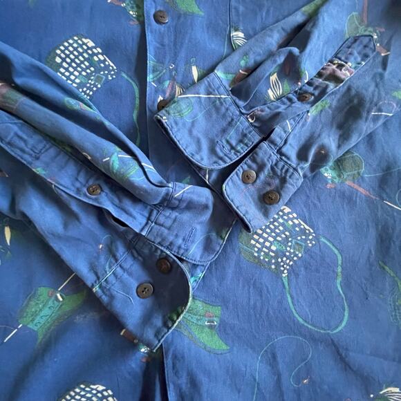 Vintage Gap Fishing Print Button Down Mens Shirt Size Large Rod Reel Tackle Lrg - Picture 8 of 14